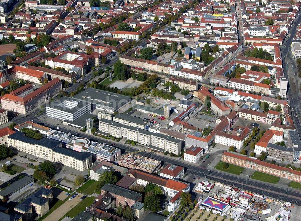 Potsdam from above - 07.10.2004 Blick auf die Nikolaikirche mit den Umbauarbeiten entlang der Straße Lange Brücke in Potsdam und der daneben liegenden Straße der Breite Straße in dieser sich das Ministerium befindet