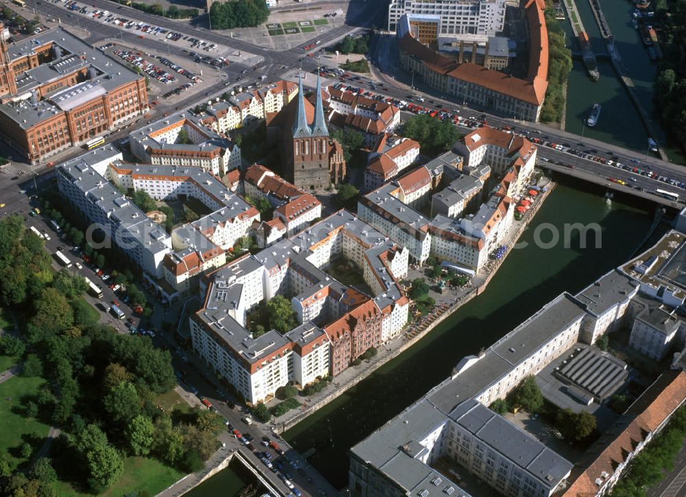 Berlin from above - Stadtansicht Nikolaiviertel mit Nikolaikirche in Berlin-Mitte. Cityscape of the neighbourhood Nikolaiviertel and the church Nikolaikirche in Berlin-Mitte.