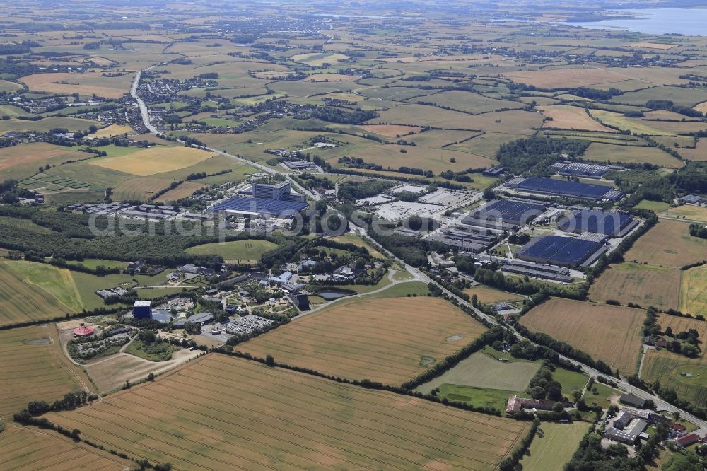 Nordborg Sogn from the bird's eye view: Nordborg Sogn in Denmark. Danfoss Group headquarters and the technology park Danfoss UNIVERS, as in the northern part of the island of Als