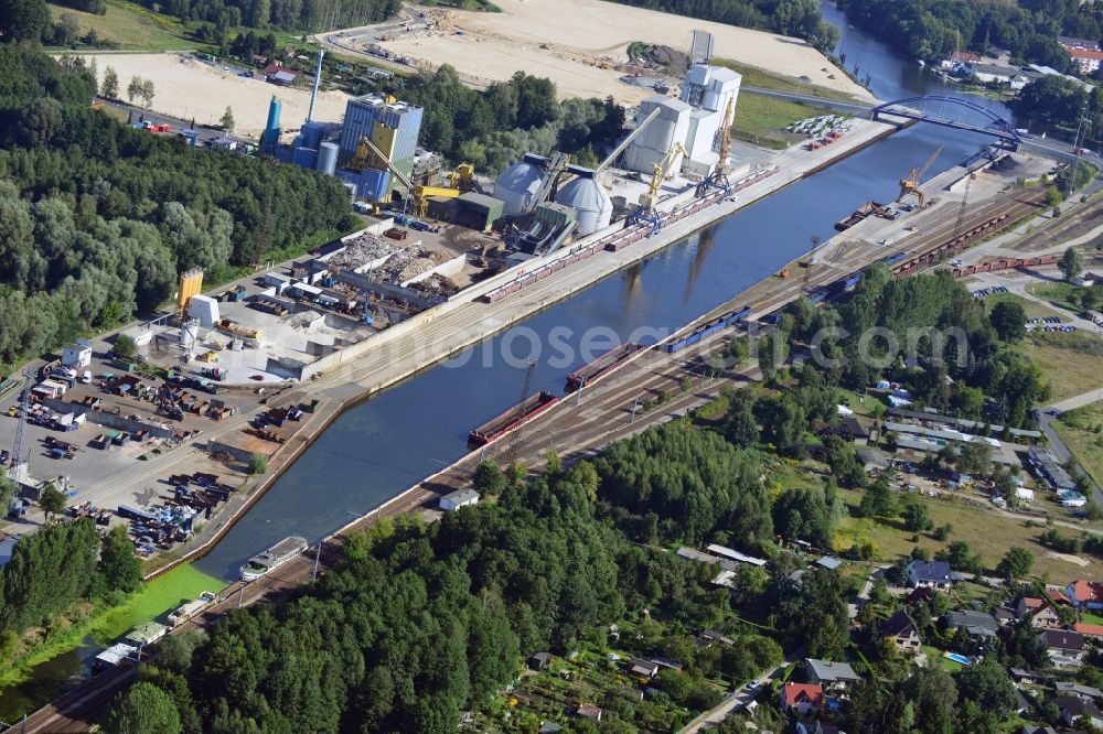 Königs Wusterhausen from above - View at the North harbor at Nottekanal in Königs Wusterhausen in the federal state of Brandenburg. The North Harbour is connected to rail, road and water and it is the central industrial location in the harbor area of Königs Wusterhausen. It is operated by the LUTRA Ltd