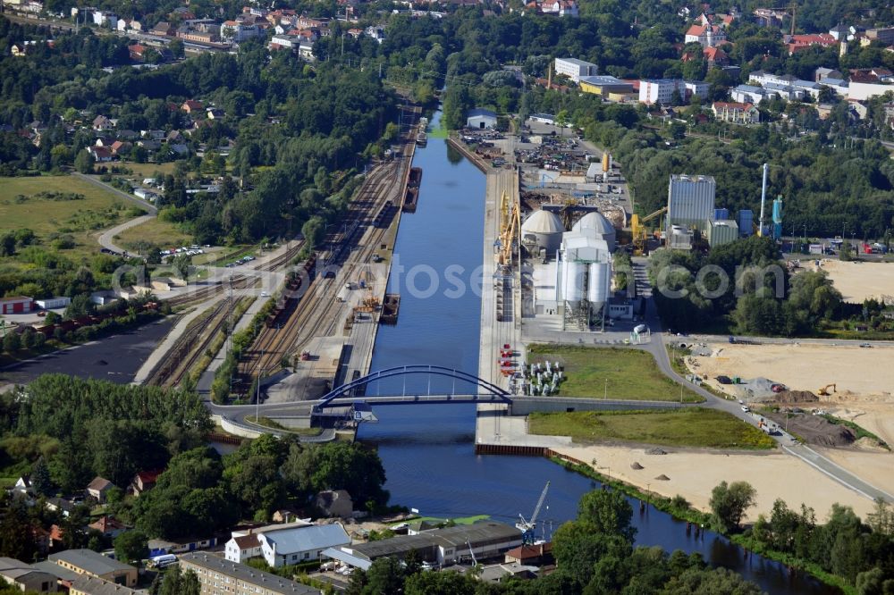 Königs Wusterhausen from above - View at the North harbor at Nottekanal in Königs Wusterhausen in the federal state of Brandenburg. The North Harbour is connected to rail, road and water and it is the central industrial location in the harbor area of Königs Wusterhausen. It is operated by the LUTRA Ltd