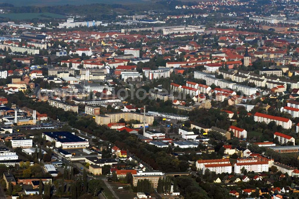 Aerial image Nordhausen - Blick über Nordhausen - eine Stadt in Thüringen am Südrand des Harzes. Besonders bekannt ist Nordhausen für seine Branntwein-Herstellung. Im Hintergrund erkennt man den Dom