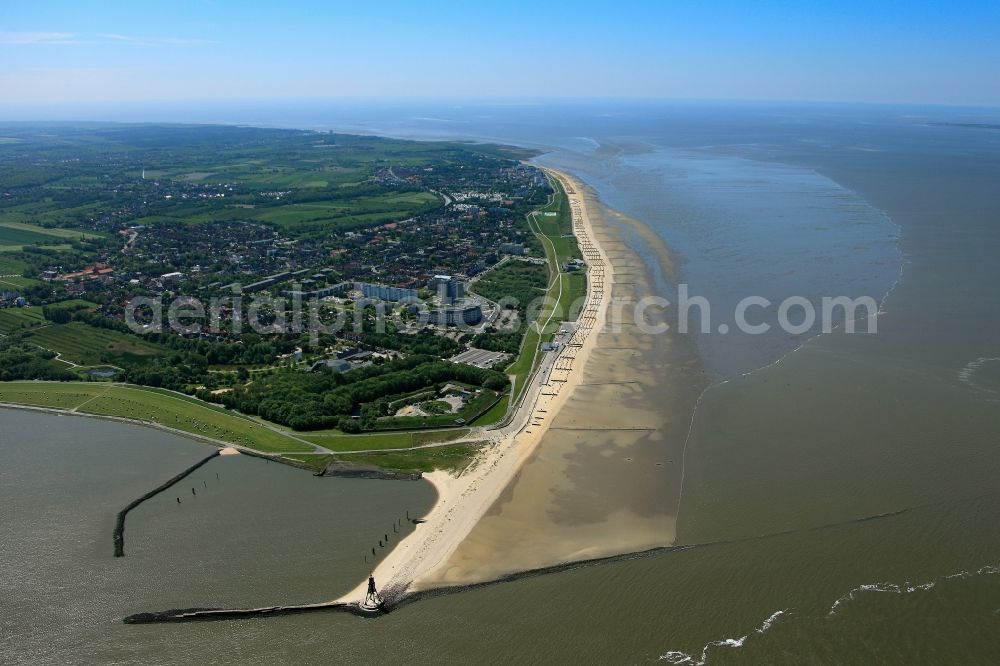 Cuxhaven from the bird's eye view: North Sea coast of the Duhnen part of Cuxhaven in the state of Lower Saxony. Duhnen is a part of the spa town Cuxhaven and is located on the Lower Saxony coast. It is located in the west of the town and is hugely influenced by tourism