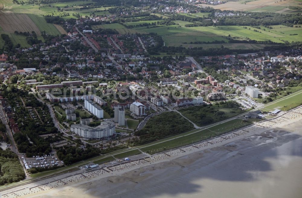 Aerial photograph Cuxhaven - View of the North Sea coast of Cuxhaven in the federal state Lower Saxony. To see are among others are the beach, several hotels and guesthouses, parts of the inner city and the Centre for Physiotherapy and Ambulant Rehabilitation Cuxhaven, which is operated by the company Reha Centrum Cuxhaven