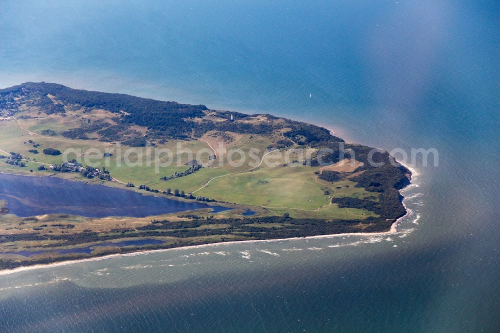 Insel Hiddensee from above - View of Kloster and the lighthouse on the northern tip of the island Hiddensee in the Federal State of Mecklenburg-Western Pomerania