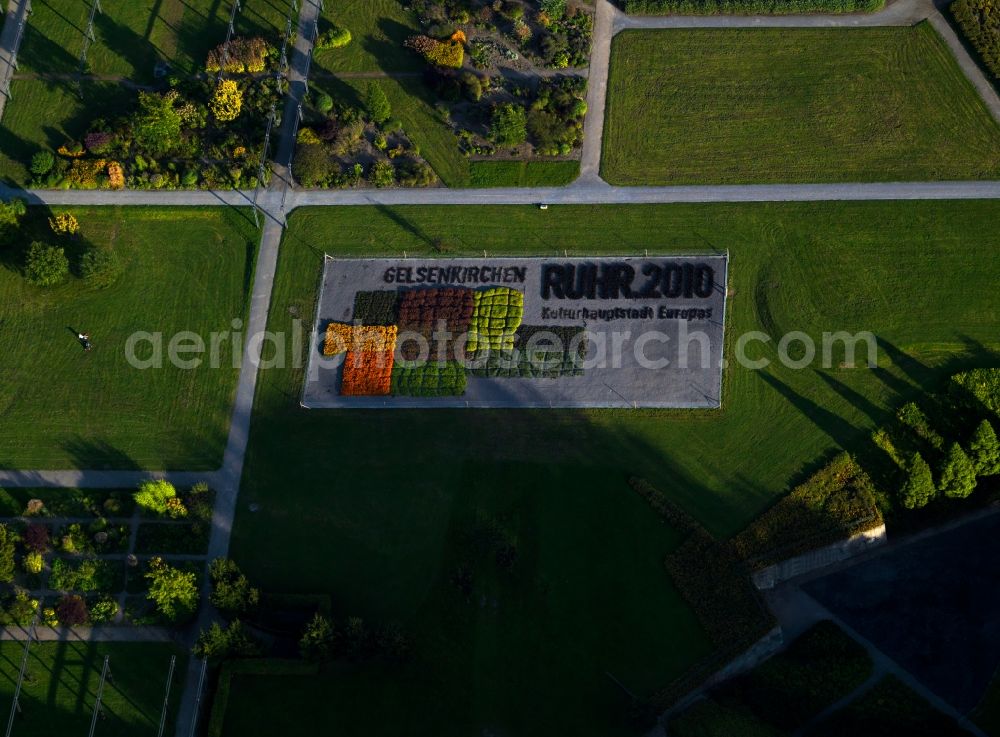 Gelsenkirchen from above - View of the Nordsternpark, a landscaped park on the site of the former Nordstern in Gelsenkirchen. After the closure of the premises Nordstern building was renovated and turned into a park