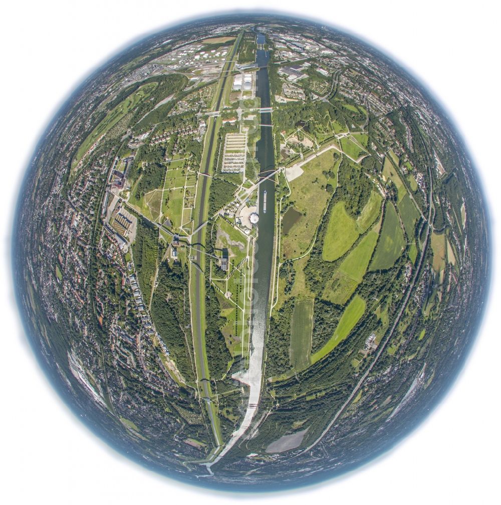 Aerial photograph Gelsenkirchen - Fisheye - view of the Nordsternpark, a landscaped park on the site of the former Nordstern in Gelsenkirchen. After the closure of the premises Nordstern building was renovated and turned into a park