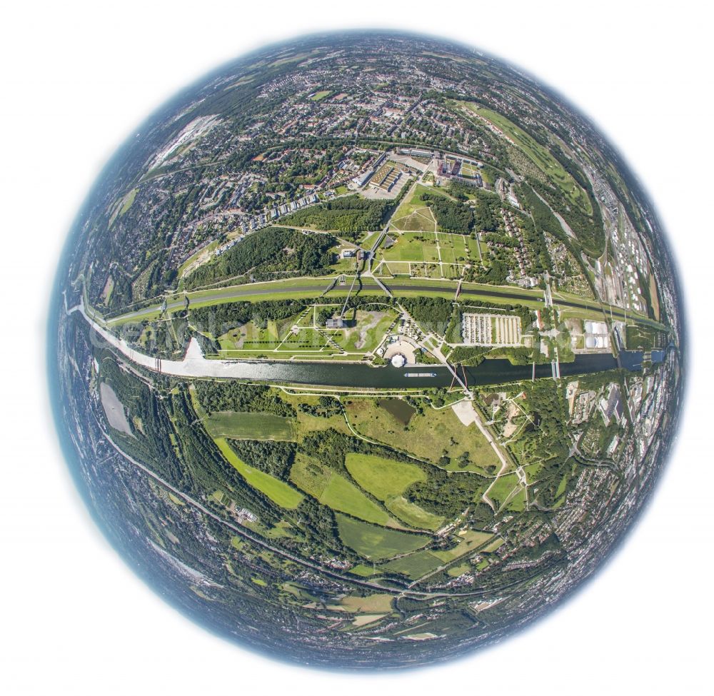 Gelsenkirchen from above - Fisheye - view of the Nordsternpark, a landscaped park on the site of the former Nordstern in Gelsenkirchen. After the closure of the premises Nordstern building was renovated and turned into a park