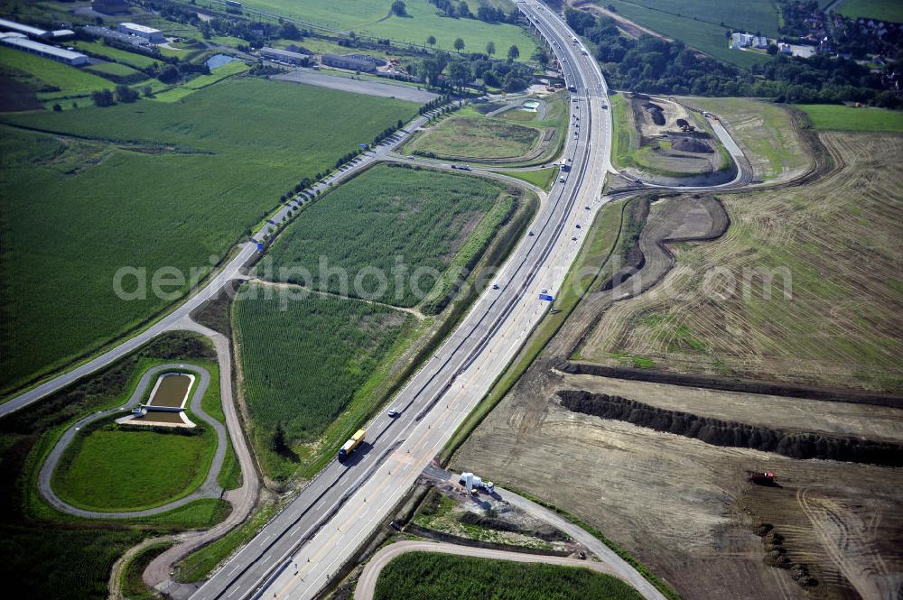 Aerial image Eisenach - Blick auf den Verlauf des Projekt Nordverlegung / Umfahrung Hörselberge der Autobahn E40 / A4 in Thüringen bei Eisenach. Durchgeführt werden die im Zuge dieses Projektes notwendigen Arbeiten unter an derem von den Mitarbeitern der Niederlassung Weimar der EUROVIA Verkehrsbau Union sowie der Niederlassungen Abbruch und Erdbau, Betonstraßenbau, Ingenieurbau und TECO Schallschutz der EUROVIA Beton sowie der DEGES.