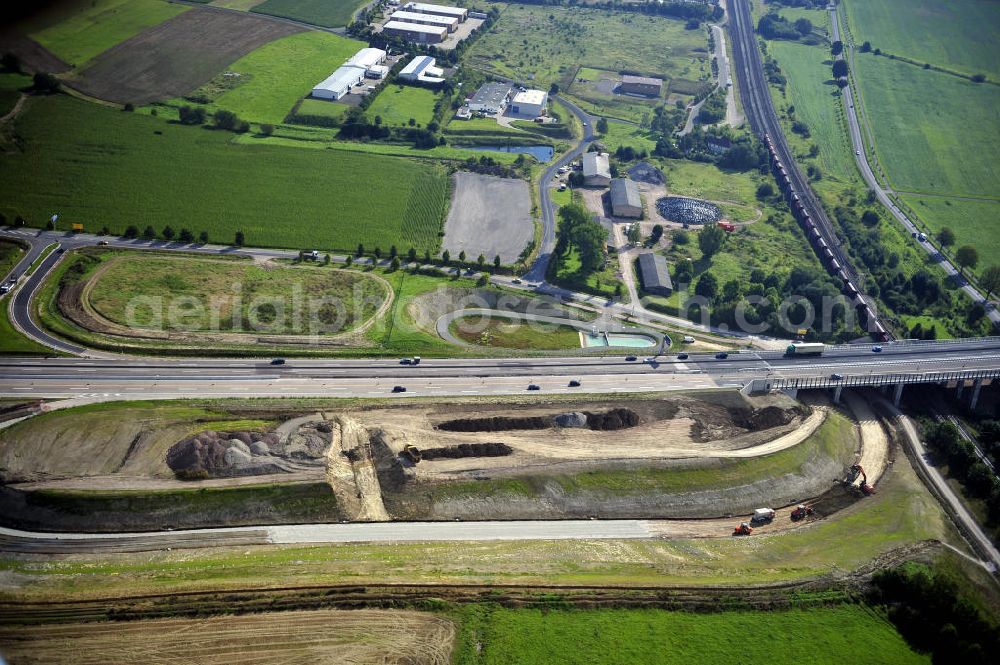 Eisenach from the bird's eye view: Blick auf den Verlauf des Projekt Nordverlegung / Umfahrung Hörselberge der Autobahn E40 / A4 in Thüringen bei Eisenach. Durchgeführt werden die im Zuge dieses Projektes notwendigen Arbeiten unter an derem von den Mitarbeitern der Niederlassung Weimar der EUROVIA Verkehrsbau Union sowie der Niederlassungen Abbruch und Erdbau, Betonstraßenbau, Ingenieurbau und TECO Schallschutz der EUROVIA Beton sowie der DEGES.