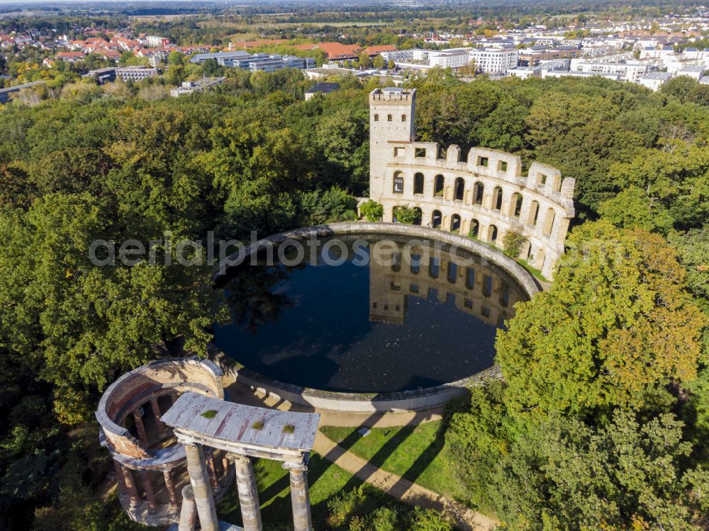 Potsdam from above - Building complex in the castle park Norman Tower on the Ruinenberg in Potsdam in the federal state of Brandenburg, Germany