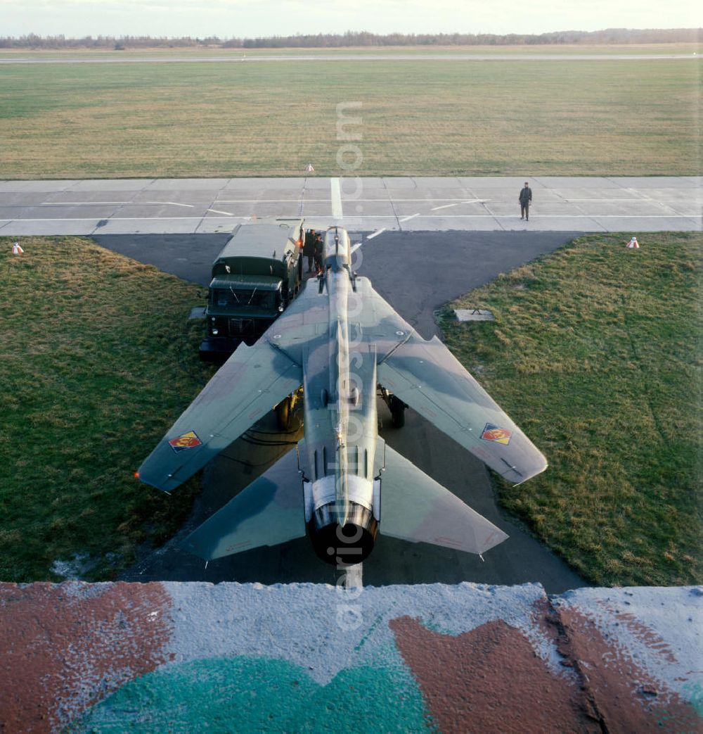 Aerial image Bautzen - Blick auf eine Mig 23 / ein Jagdflugzeug der Nationalen Volksarmee mit ihren Schwenkflügeln / Schwenktragflächen auf dem Vorfeld vom NVA Flugplatz Bautzen.