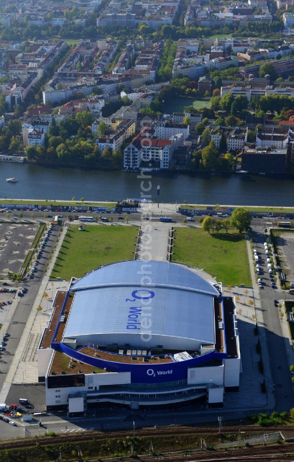 Aerial image Berlin - View of the O2 World Arena in Berlin Friedrichshain