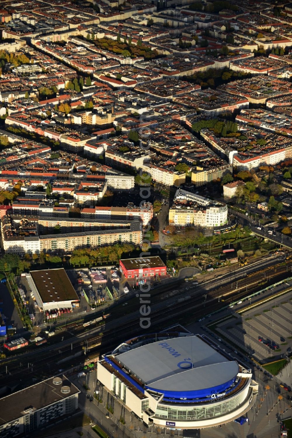 Aerial image Berlin - View of the O2 World Arena in Berlin Friedrichshain