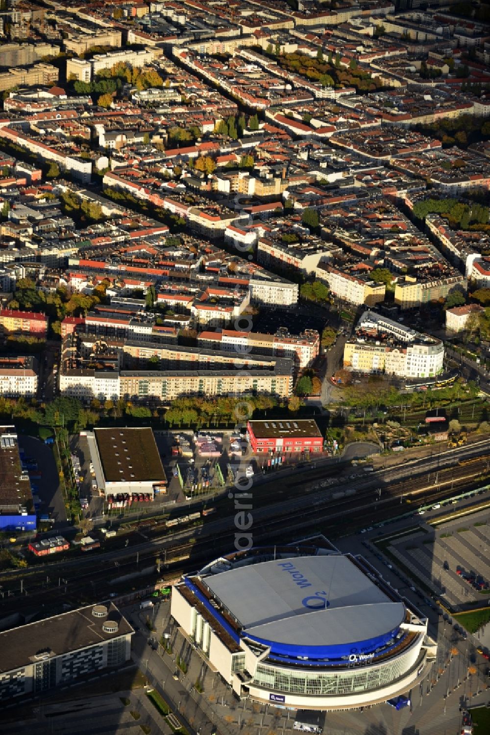 Aerial photograph Berlin - View of the O2 World Arena in Berlin Friedrichshain