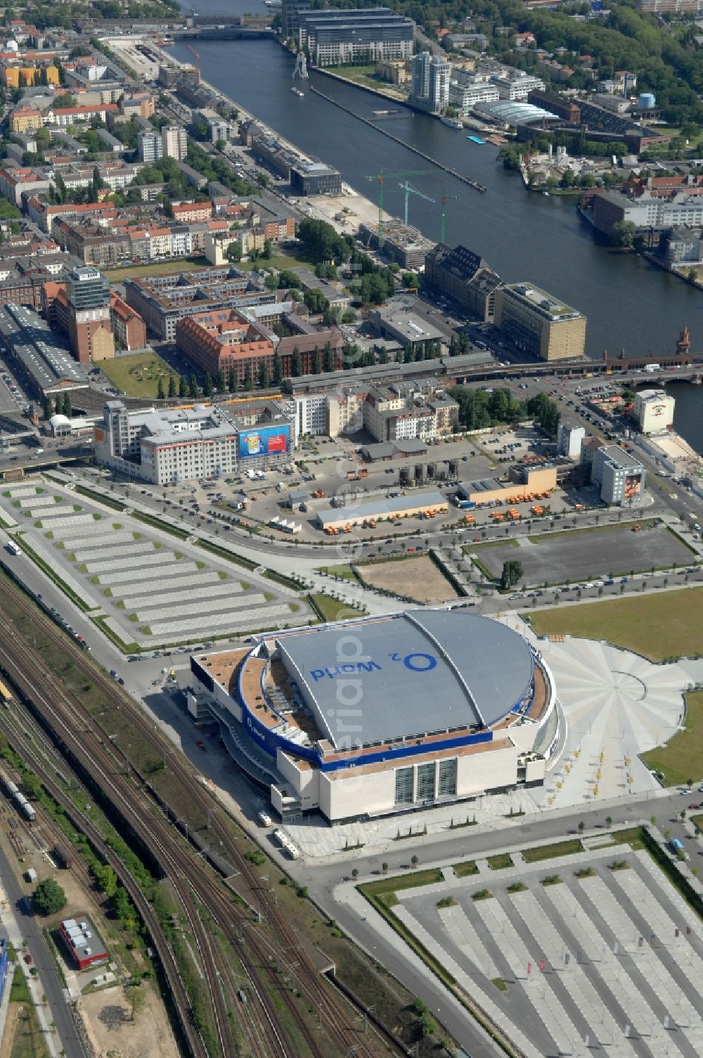 Aerial image Berlin - View of the O2 World Arena in Berlin Friedrichshain