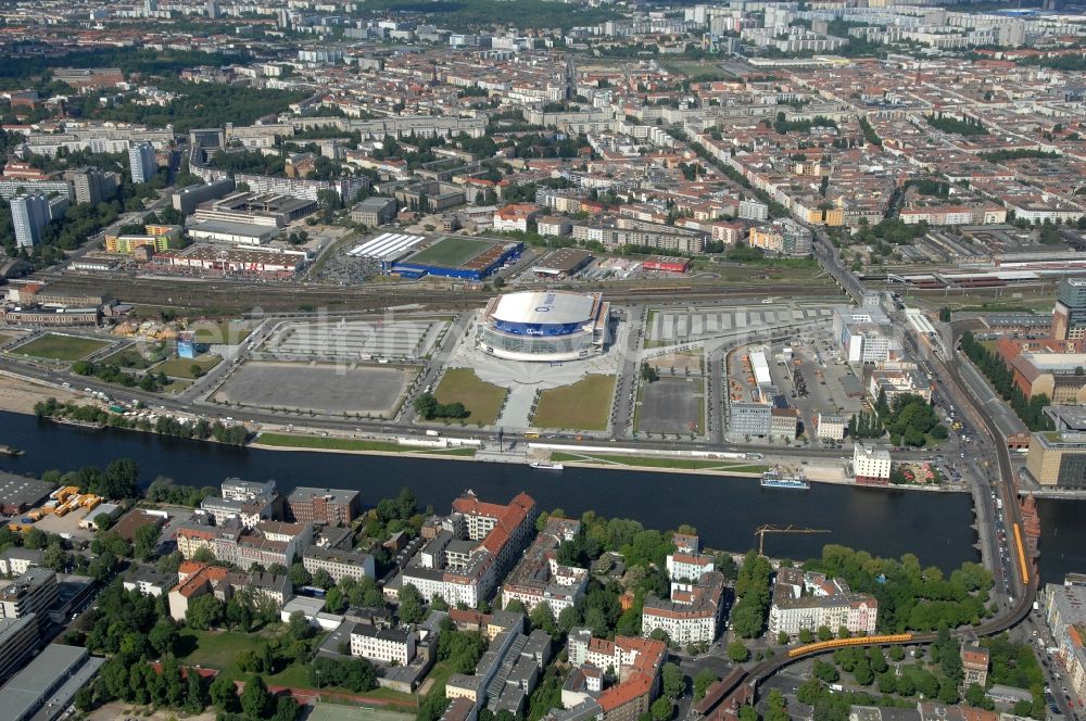 Aerial image Berlin - View of the O2 World Arena in Berlin Friedrichshain