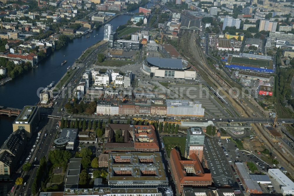 Berlin from above - View at the restored building of the monument protected former Osram respectively Narva company premises Oberbaum City in the district Friedrichshain in Berlin. Here, among many other companies, BASF Services Europe, the German Post Customer Service Center GmbH and Heineken Germany GmbH are located. It is owned by HVB Immobilien AG, which is part of the UniCredit Group