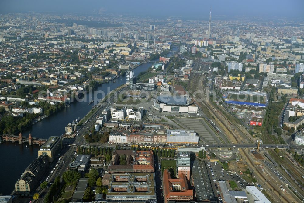 Berlin from the bird's eye view: View at the restored building of the monument protected former Osram respectively Narva company premises Oberbaum City in the district Friedrichshain in Berlin. Here, among many other companies, BASF Services Europe, the German Post Customer Service Center GmbH and Heineken Germany GmbH are located. It is owned by HVB Immobilien AG, which is part of the UniCredit Group