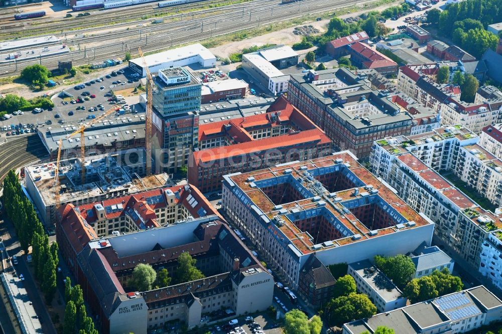 Berlin from above - View at the restored building of the monument protected former Osram respectively Narva company premises Oberbaum City in the district Friedrichshain in Berlin