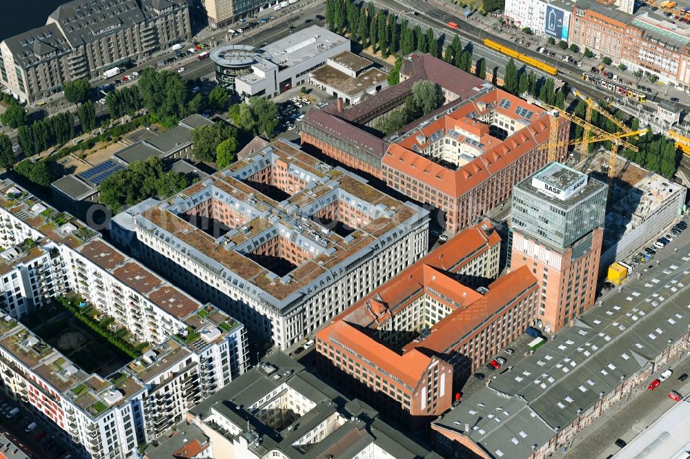 Berlin from above - View at the restored building of the monument protected former Osram respectively Narva company premises Oberbaum City in the district Friedrichshain in Berlin