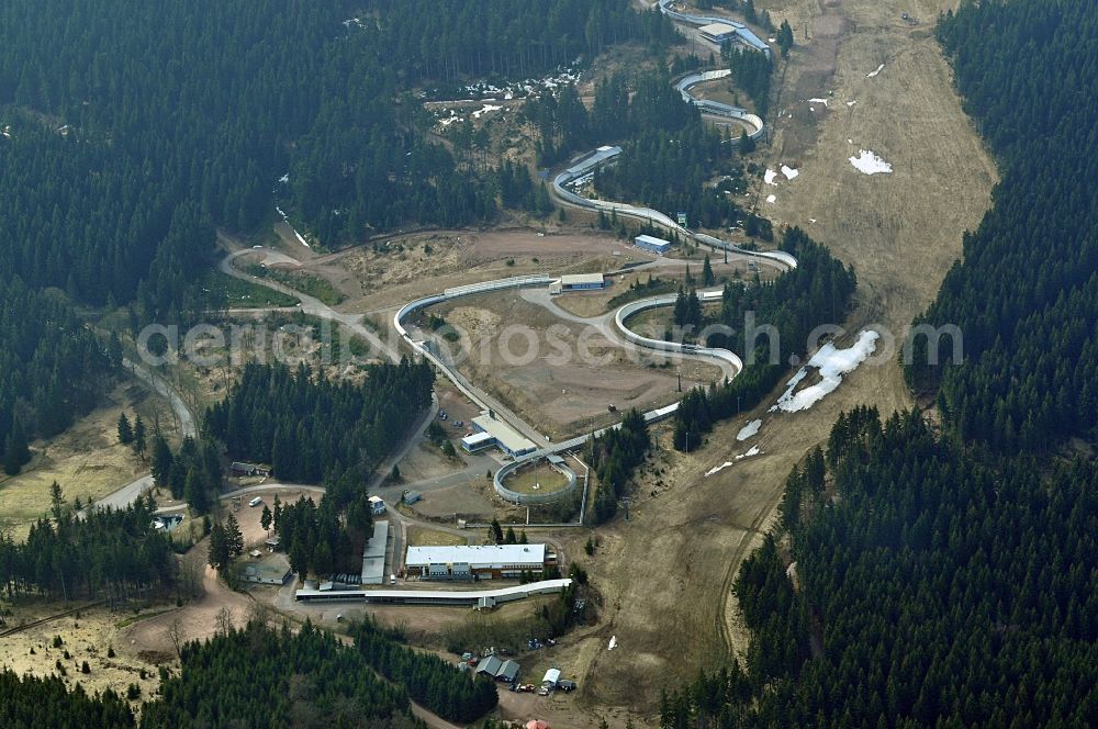 Aerial photograph Oberhof - View Oberhofer ski track with the newly built ski resort. This from the German Ski Federation initiated sports facility is unique in Europe