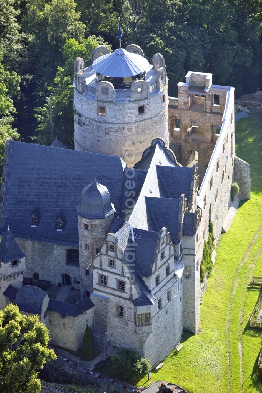 Kranichfeld from above - 7/23/2012 KRANICHFELD KRANICHFELD View of the Upper Castle Kranichfeld in the state of Thuringia. The upper castle is an early-Renaissance of 1530 with older predecessors in the 12th Century