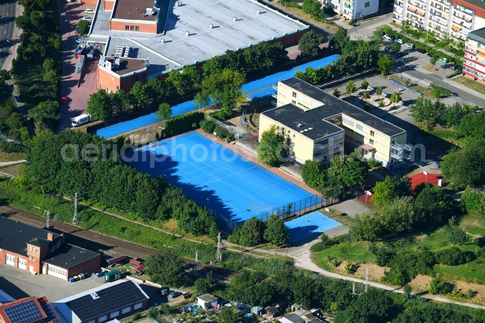 Prenzlau from the bird's eye view: School building of the Oberschule Philipp Hackert on Georg-Dreke-Ring in Prenzlau in the state Brandenburg, Germany