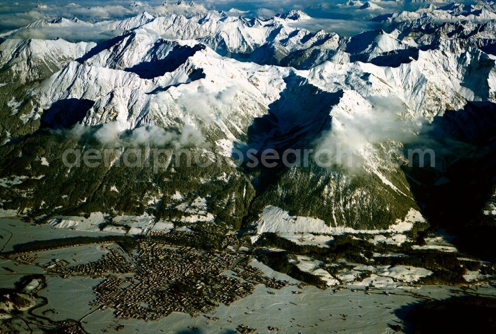 Aerial photograph Oberstdorf - Oberstdorf in the Oberallgäu region of the state of Bavaria. Oberstdorf is located in the Allgäu Alps and is a beloved winter sports resort. The mountains are famous for rock climbing. Every year, Oberstdorf is the location of one of the events of the Four Hill ski jumping tournament