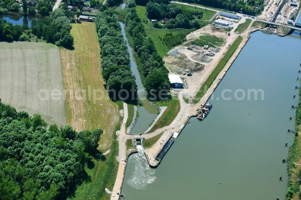 Elbe-Parey from the bird's eye view: Zerben headwater weir at the sluice along the Elbe-Havel-Canel in the state Saxony-Anhalt