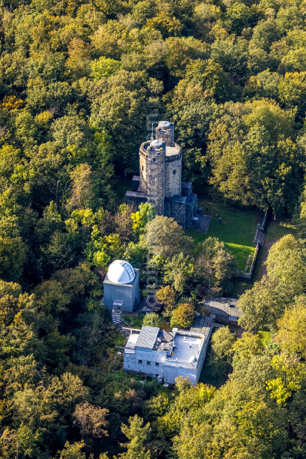 Hagen from above - Observatory and planetarium domed building complex of buildings of the national observatory Hagen in the Eugene's Richter observation tower in Hagen in the federal state North Rhine-Westphalia