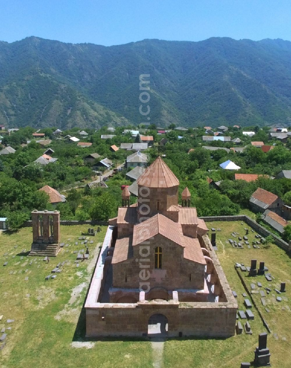 Aerial photograph Odzun - View of the Odzun Cathedral on the monastery street in Odzun, Lori Province, Armenia