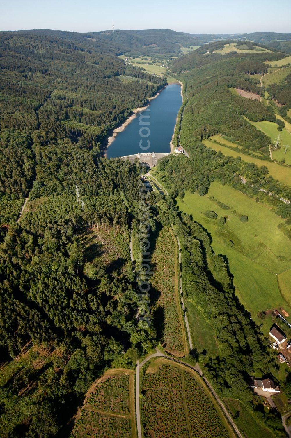 Plettenberg from above - View of the Oestertalsperre in Plettenberg in the state of North Rhine-Westphalia