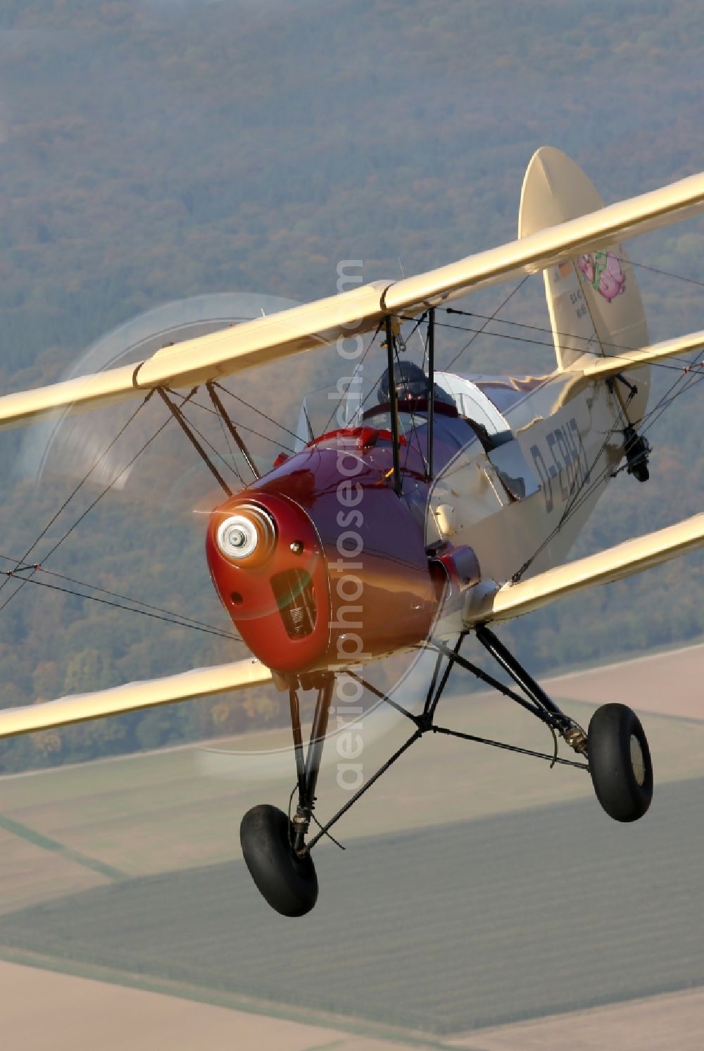 Aerial image Kirchheim unter Teck - Vintage plane - biplane over the airfield Hahnweide in Kirchheim unter Teck in Baden-Wuerttemberg