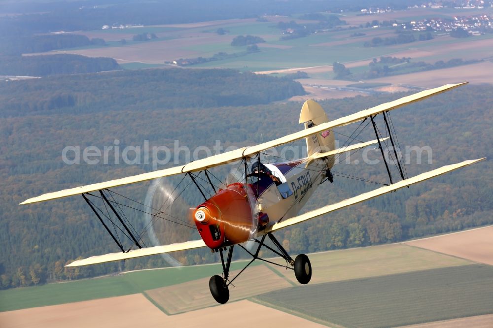 Kirchheim unter Teck from above - Vintage plane - biplane over the airfield Hahnweide in Kirchheim unter Teck in Baden-Wuerttemberg