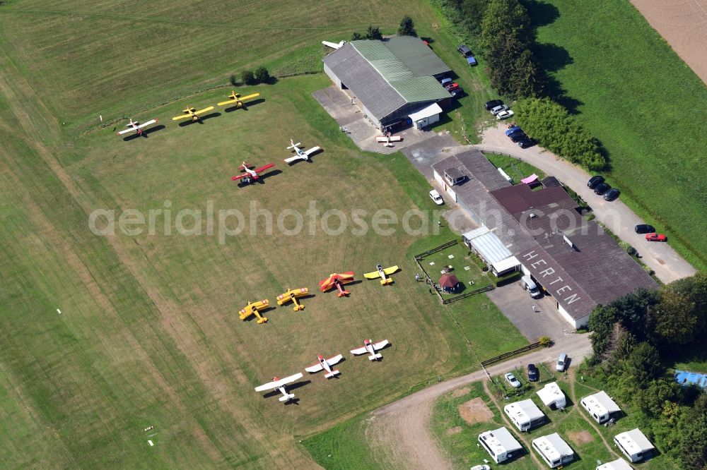 Aerial image Rheinfelden (Baden) - Vintage aircraft at the airfield EDTR in Herten-Rheinfelden in Rheinfelden (Baden) in the state Baden-Wurttemberg, Germany