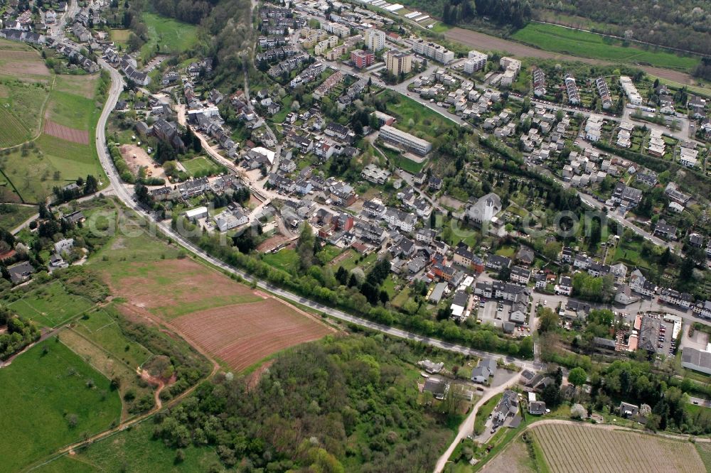 Aerial image Trier - View on the village Olewig. The district lies in the valley Olewiger. Hilly residential area with single-family and multi-family homes that have been built partly on a slope. The district is located in Trier in Rhineland-Palatinate