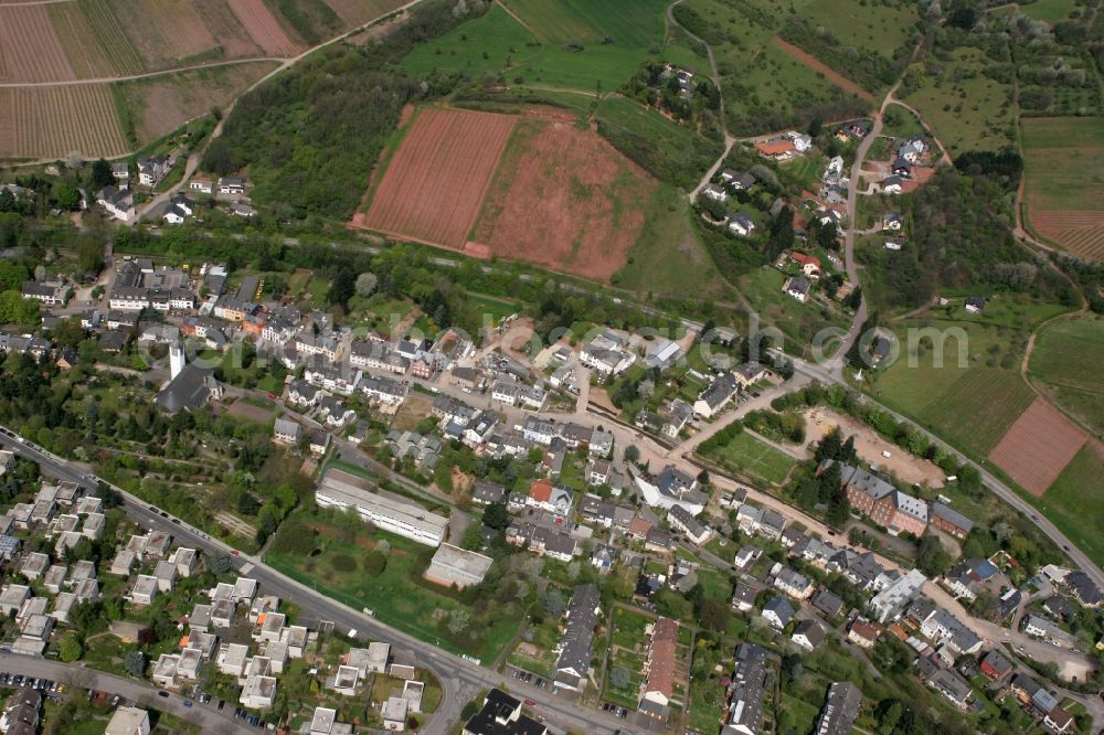 Aerial image Trier - View on the village Olewig. The district lies in the valley Olewiger. Hilly residential area with single-family and multi-family homes that have been built partly on a slope. The district is located in Trier in Rhineland-Palatinate