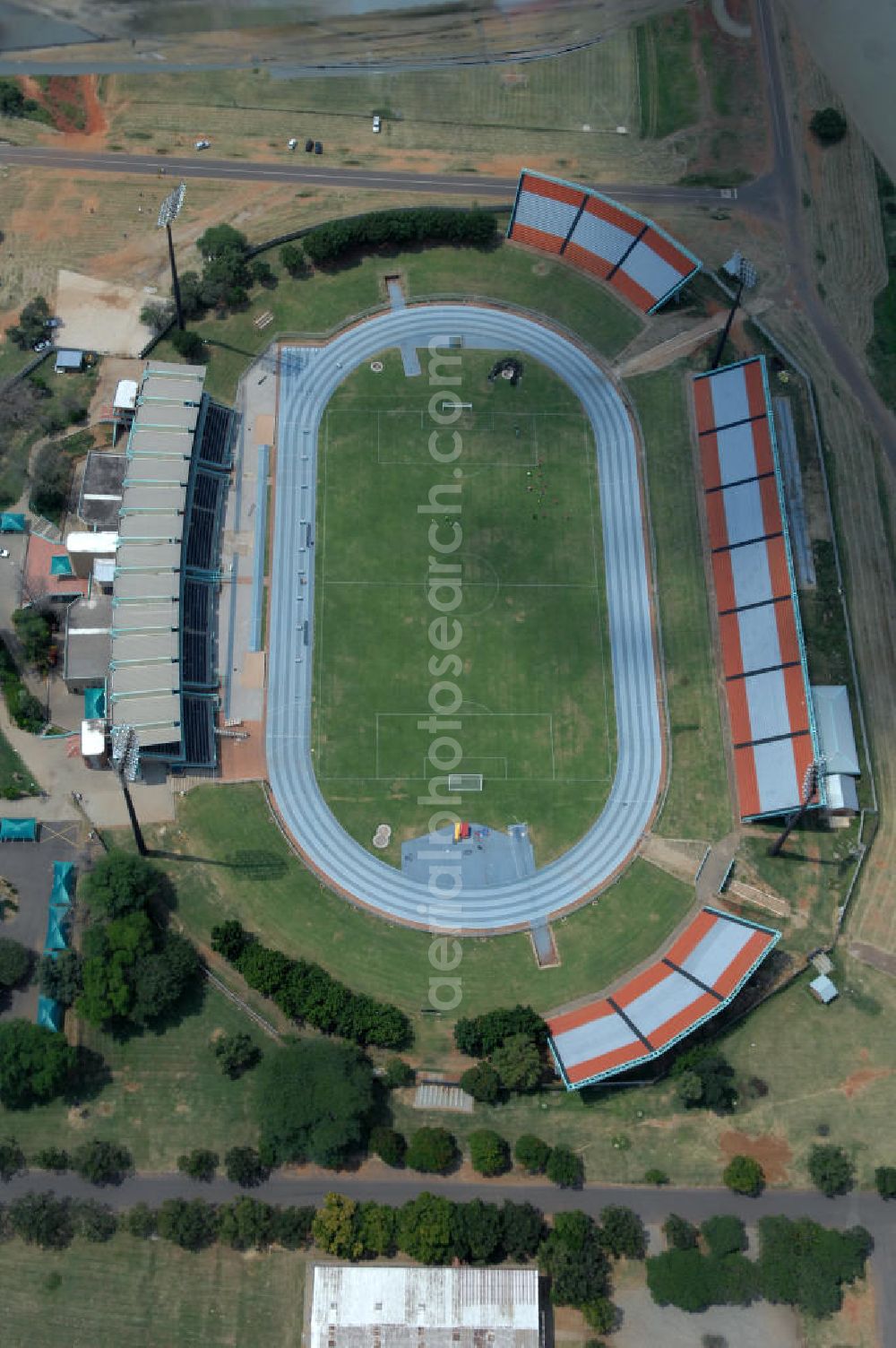 Rustenburg from the bird's eye view: Blick auf das Olympia Stadion im Olympiapark. The Olympia Stadium in the Olimpia Sports Complex, is a multi-purpose stadium in Rustenburg.