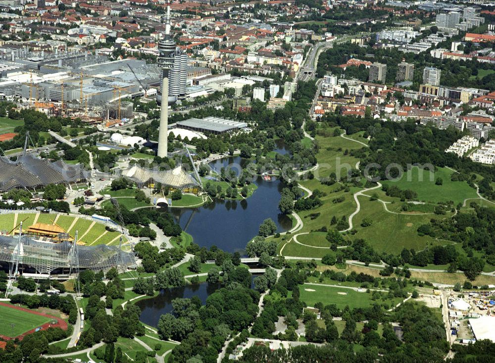 München from above - Blick auf den Olympiapark, welcher Austragungsort der 20. Olympischen Sommerspiele 1972 auf dem Oberwiesenfeld war, und den Fernsehturm. Bis heute finden hier Veranstaltungen jeglicher Art statt. Kontakt: Olympiapark München GmbH, Spiridon-Louis-Ring 21, 80809 München, Tel. +49(0)89 3067 0, Fax +49(0)89 3067 2222, e-mail: infoolympiapark-muenchen.de;