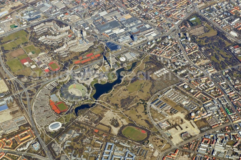 Aerial image München - View of the Olympic Park with the Olympic Stadium in Munich in the state Bavaria. Events of any kind take place in the Olympic Stadium