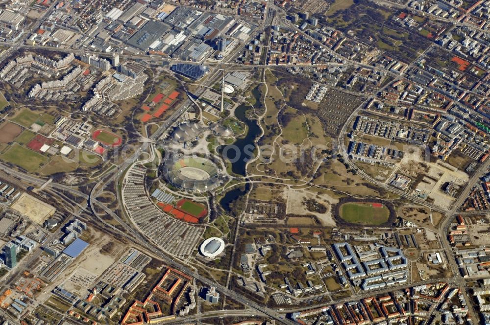 Aerial photograph München - View of the Olympic Park with the Olympic Stadium in Munich in the state Bavaria. Events of any kind take place in the Olympic Stadium