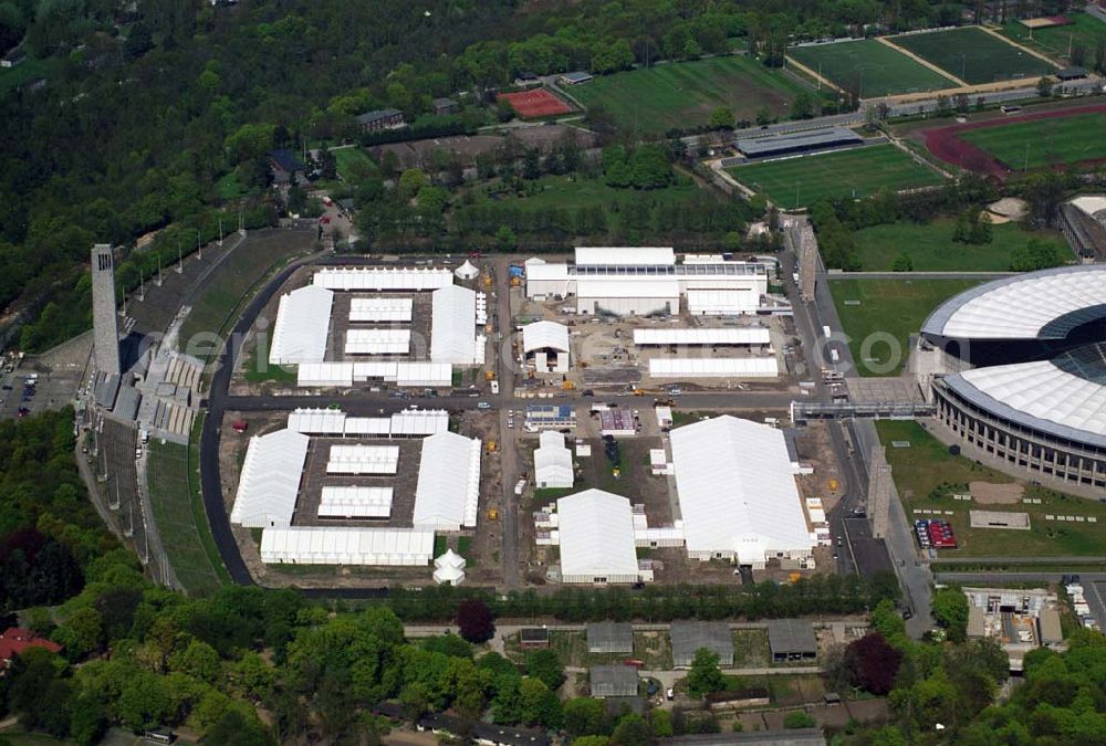 Aerial photograph Berlin - Deutschlands größte Zeltstadt entsteht wenige Tage vor der Fußballweltmeisterschaft 2006 am Berliner Olympiastadion