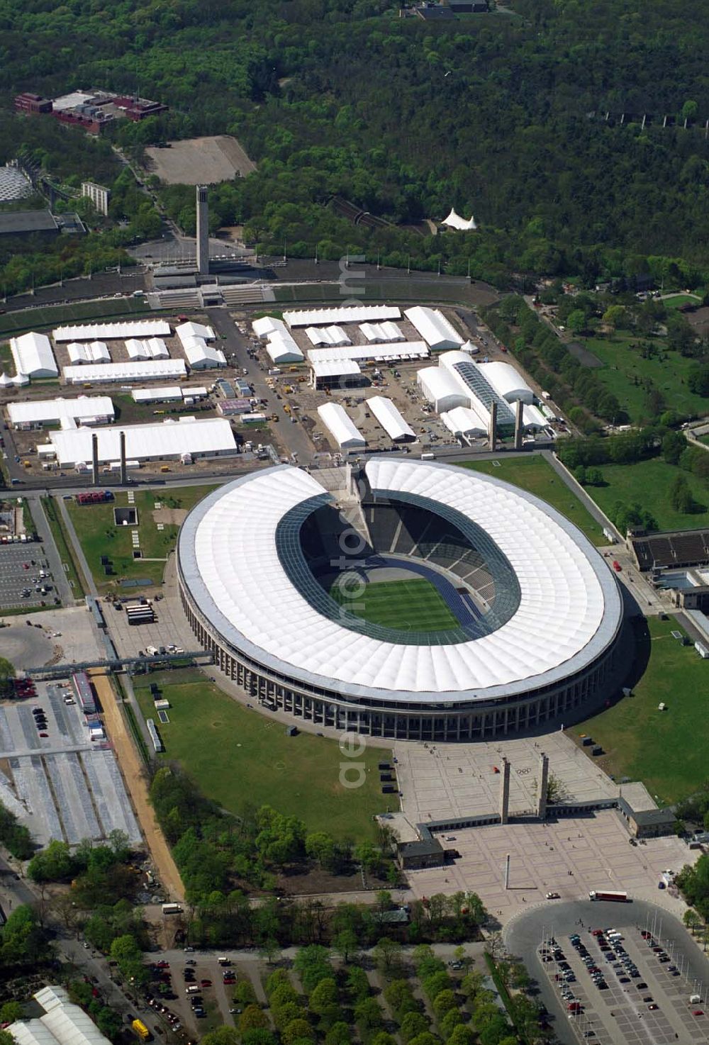 Berlin from above - Deutschlands größte Zeltstadt entsteht wenige Tage vor der Fußballweltmeisterschaft 2006 am Berliner Olympiastadion