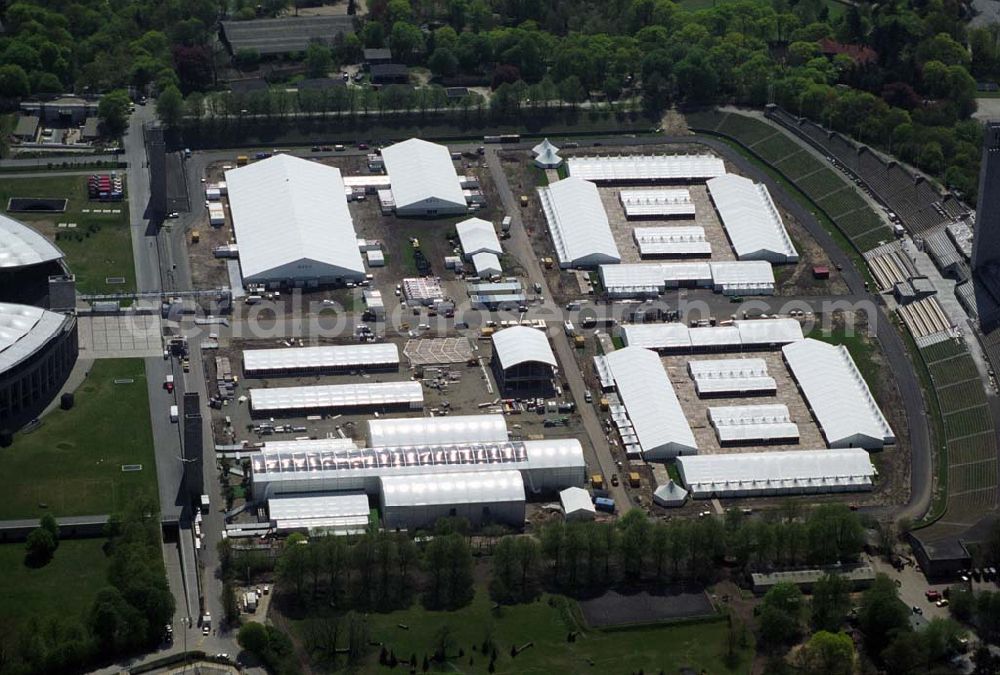 Aerial photograph Berlin - Deutschlands größte Zeltstadt entsteht wenige Tage vor der Fußballweltmeisterschaft 2006 am Berliner Olympiastadion