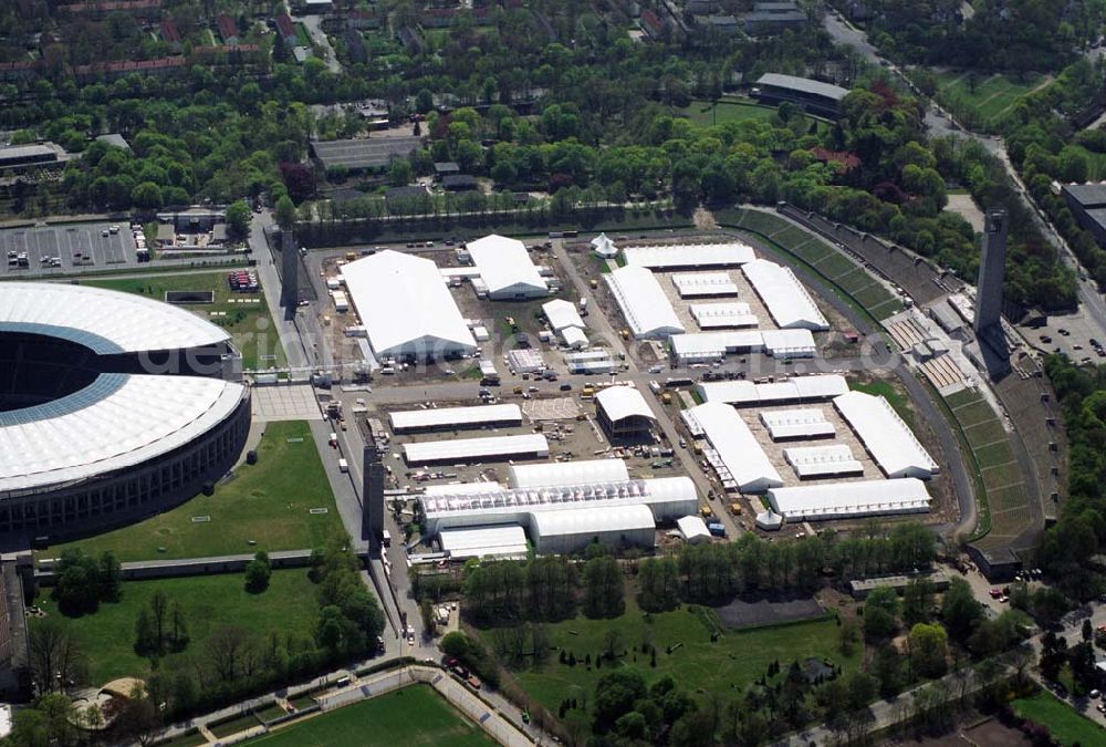 Berlin from above - Deutschlands größte Zeltstadt entsteht wenige Tage vor der Fußballweltmeisterschaft 2006 am Berliner Olympiastadion