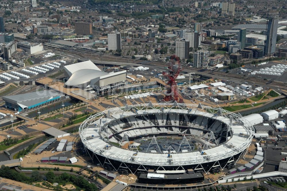 Aerial photograph London - The Olympic Stadium in Olympic Park, London, England, is designed to be the centrepiece of the 2012 Summer Olympics and 2012 Summer Paralympics, and the venue of the athletic events as well as the Olympic Games opening and closing ceremonies in Great Britain
