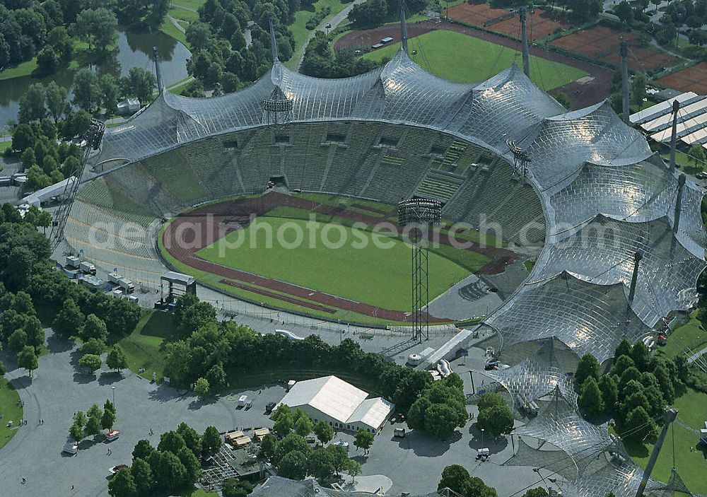 Aerial image München - Das Olympiastadion im Olympiapark. Das Stadion wurde für die Olympischen Sommerspiele 1972 erbaut und war auch Austragungsort wichtiger Fußball-Turniere. Bis 2005 war es die Heimspielstätte des Fußballklubs FC Bayern München. The Olympic Stadium in the Olympic Park Munich.