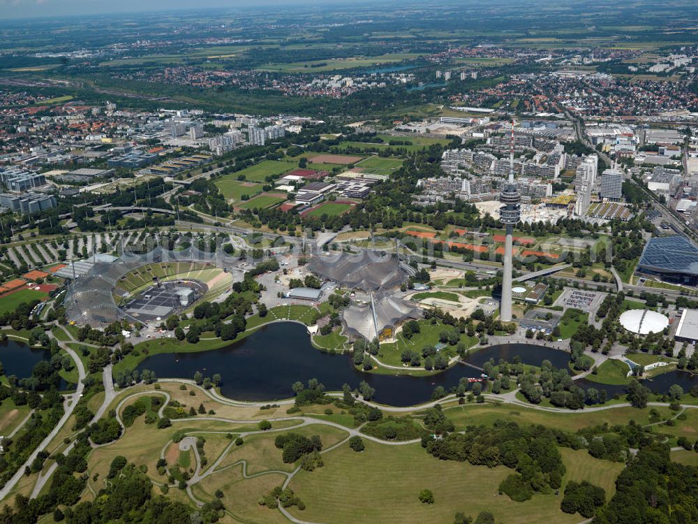 München from the bird's eye view: Das Olympiastadion im Olympiapark. Das Stadion wurde für die Olympischen Sommerspiele 1972 erbaut und war auch Austragungsort wichtiger Fußball-Turniere. Bis 2005 war es die Heimspielstätte des Fußballklubs FC Bayern München. The Olympic Stadium in the Olympic Park Munich.