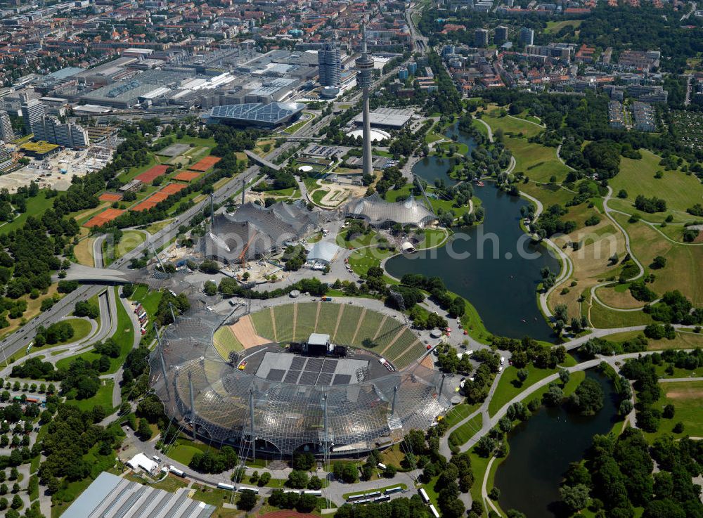 Aerial photograph München - Das Olympiastadion im Olympiapark. Das Stadion wurde für die Olympischen Sommerspiele 1972 erbaut und war auch Austragungsort wichtiger Fußball-Turniere. Bis 2005 war es die Heimspielstätte des Fußballklubs FC Bayern München. The Olympic Stadium in the Olympic Park Munich.